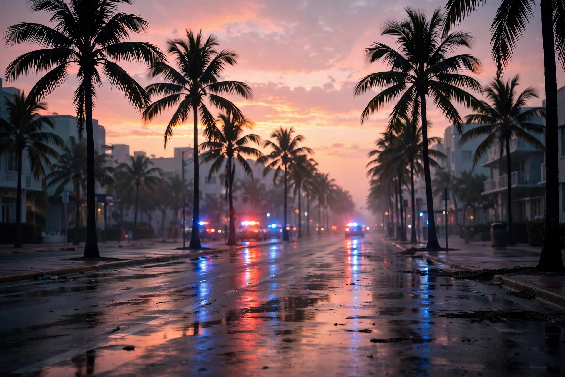 Miami Beach street at dawn with blurred police lights after Rick Ross arrested