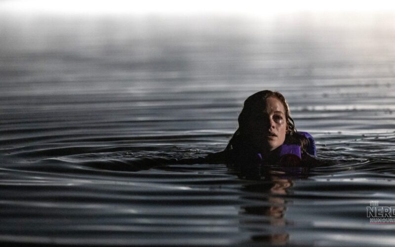 Jane Levy in an official still from the River trailer, treading water at night in the Blumhouse slasher