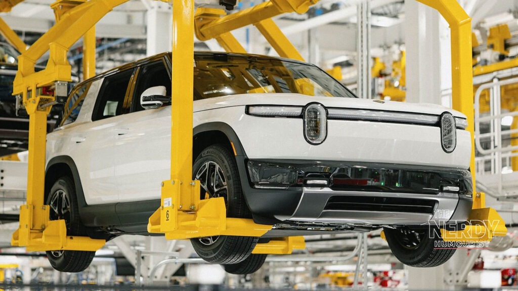 A white Rivian R2 SUV on the factory assembly line as the Rivian Volkswagen loan gives the EV maker fresh funding for production