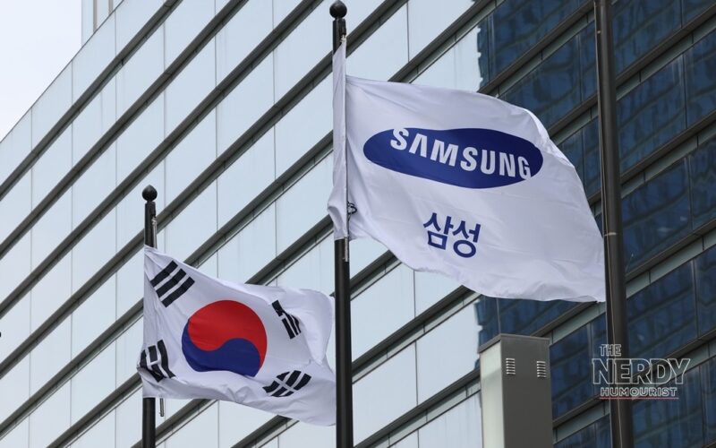 Samsung flag flying outside Samsung Electronics headquarters in Seoul ahead of the Samsung Q3 record profit announcement