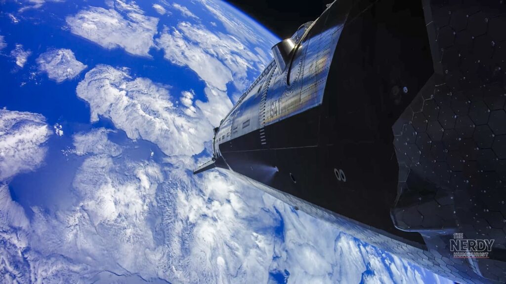 Onboard camera view from SpaceX's Ship 41 showing Starlink V3 satellite deployment in orbit.