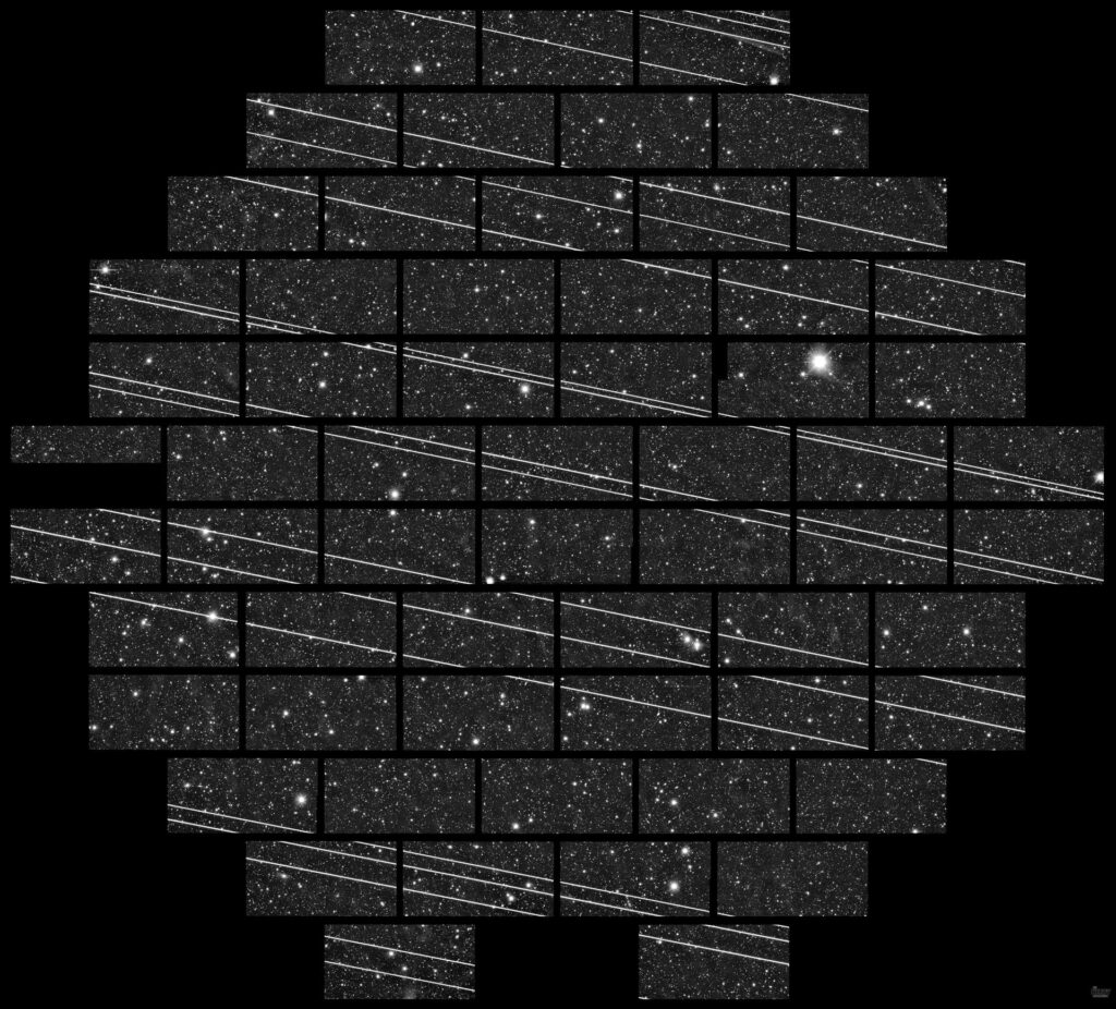 Starlink satellites in low Earth orbit photographed from the Cerro Tololo Inter-American Observatory.
