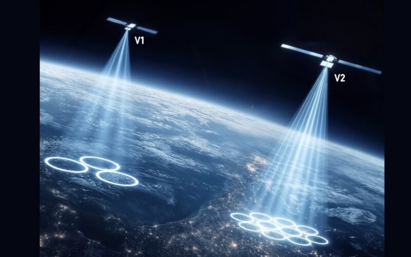 SpaceX Starlink Mobile V2 satellites render showing V1 and V2 satellite coverage beams after FCC approval