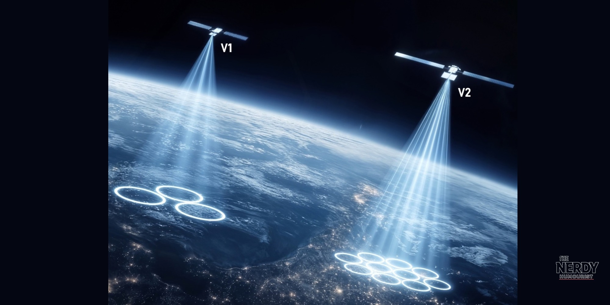 SpaceX Starlink Mobile V2 satellites render showing V1 and V2 satellite coverage beams after FCC approval