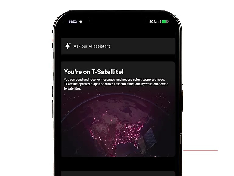 T-Mobile T-Satellite phone display showing satellite connectivity, the current Starlink direct-to-cell service before SpaceX Starlink Mobile FCC approval