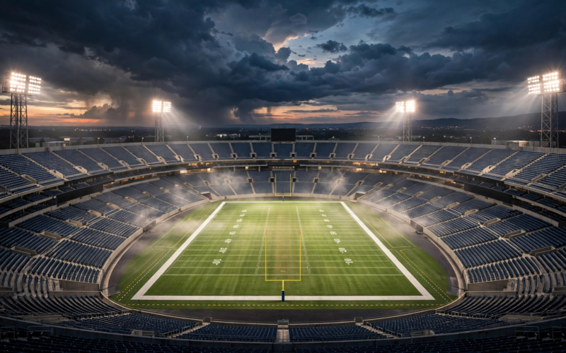 Football stadium at night under bright lights before Steelers vs Browns Thursday Night Football