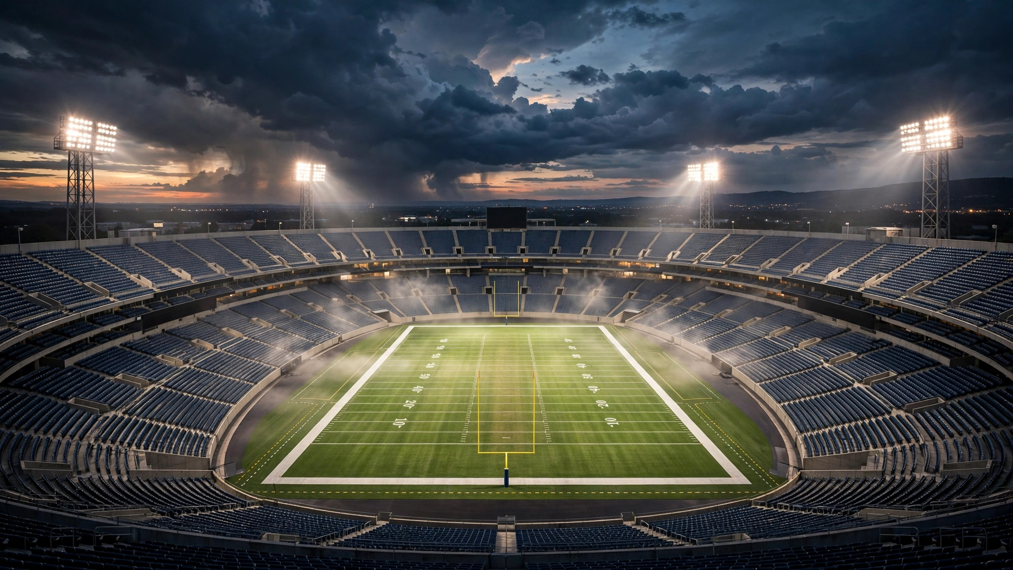 Football stadium at night under bright lights before Steelers vs Browns Thursday Night Football