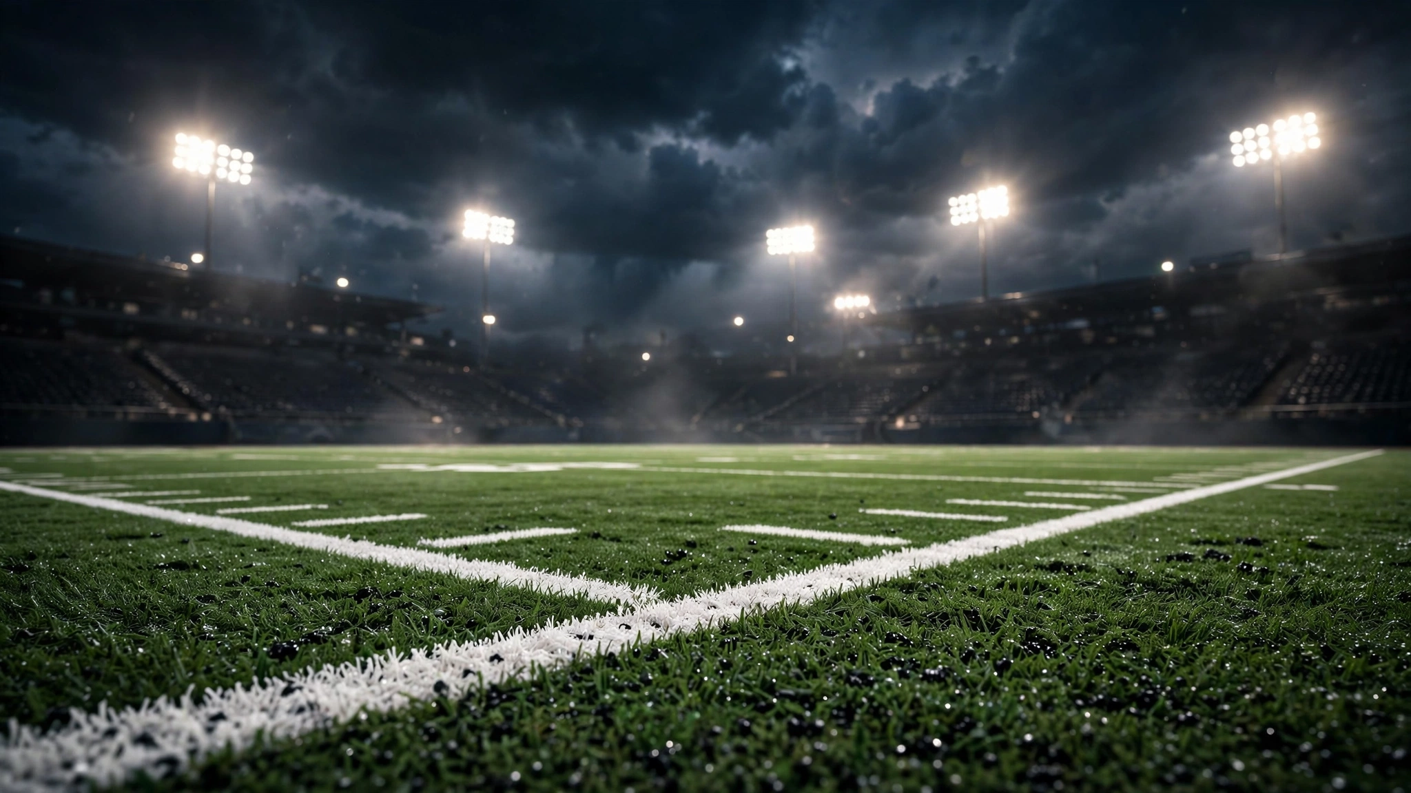 Empty football field with yard lines glowing under primetime stadium lights for Steelers vs Browns Thursday Night Football