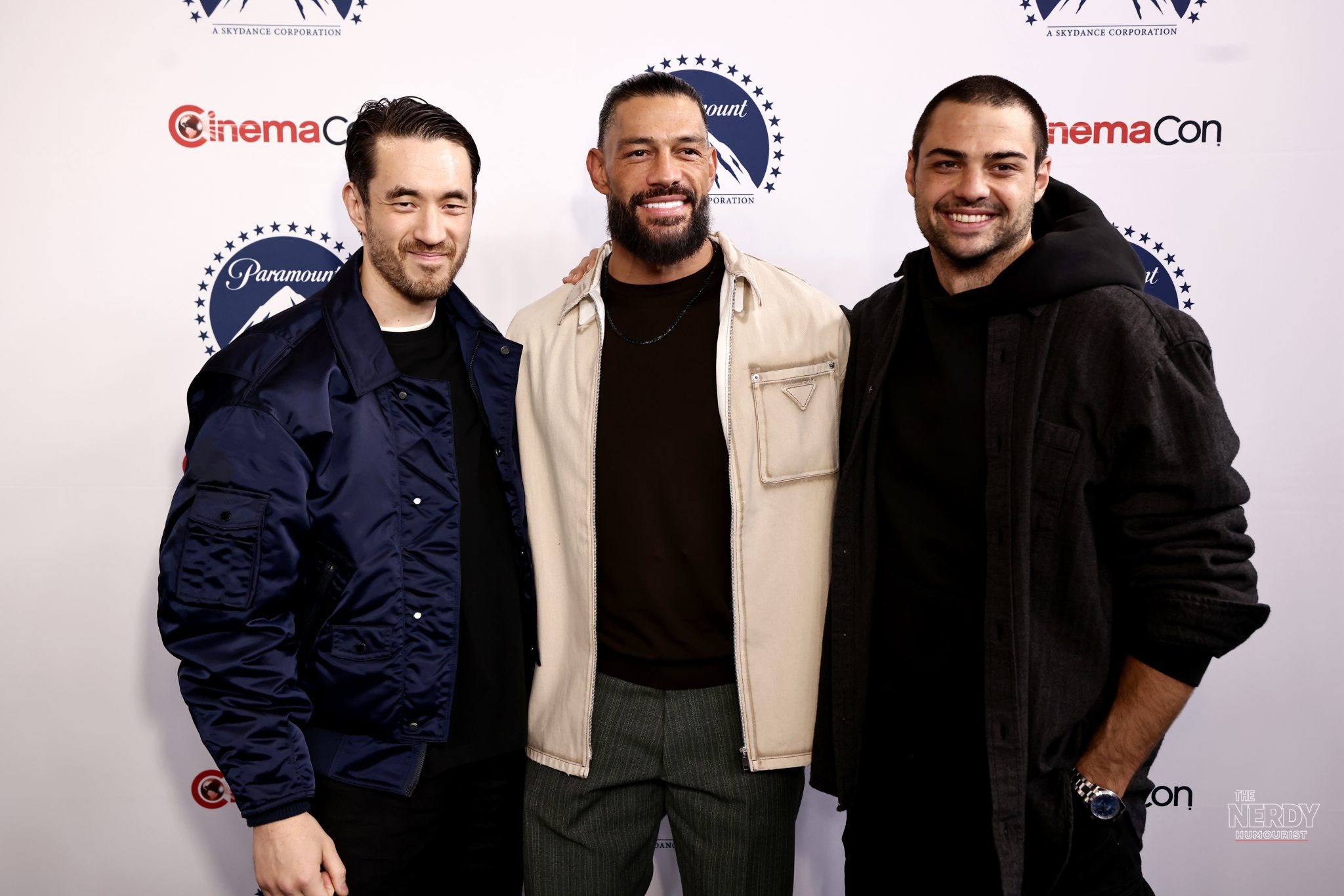 Andrew Koji, Roman Reigns and Noah Centineo pose at the Paramount presentation at CinemaCon 2026, ahead of the divided Street Fighter movie reviews on release day