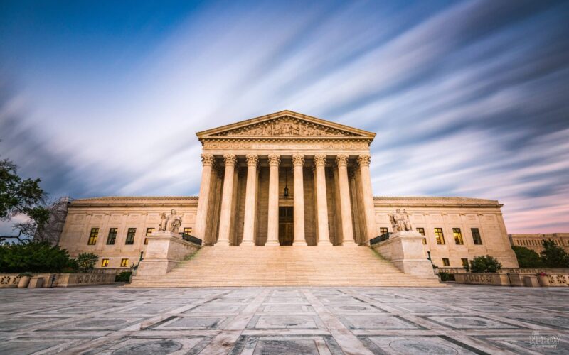 The U.S. Supreme Court building in Washington at dusk, as the Supreme Court term Big Oil climate lawsuits case opens the new nine-month term