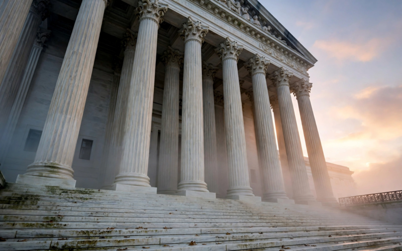 US Supreme Court marble columns at dawn for Supreme Court immigration detention Trump case