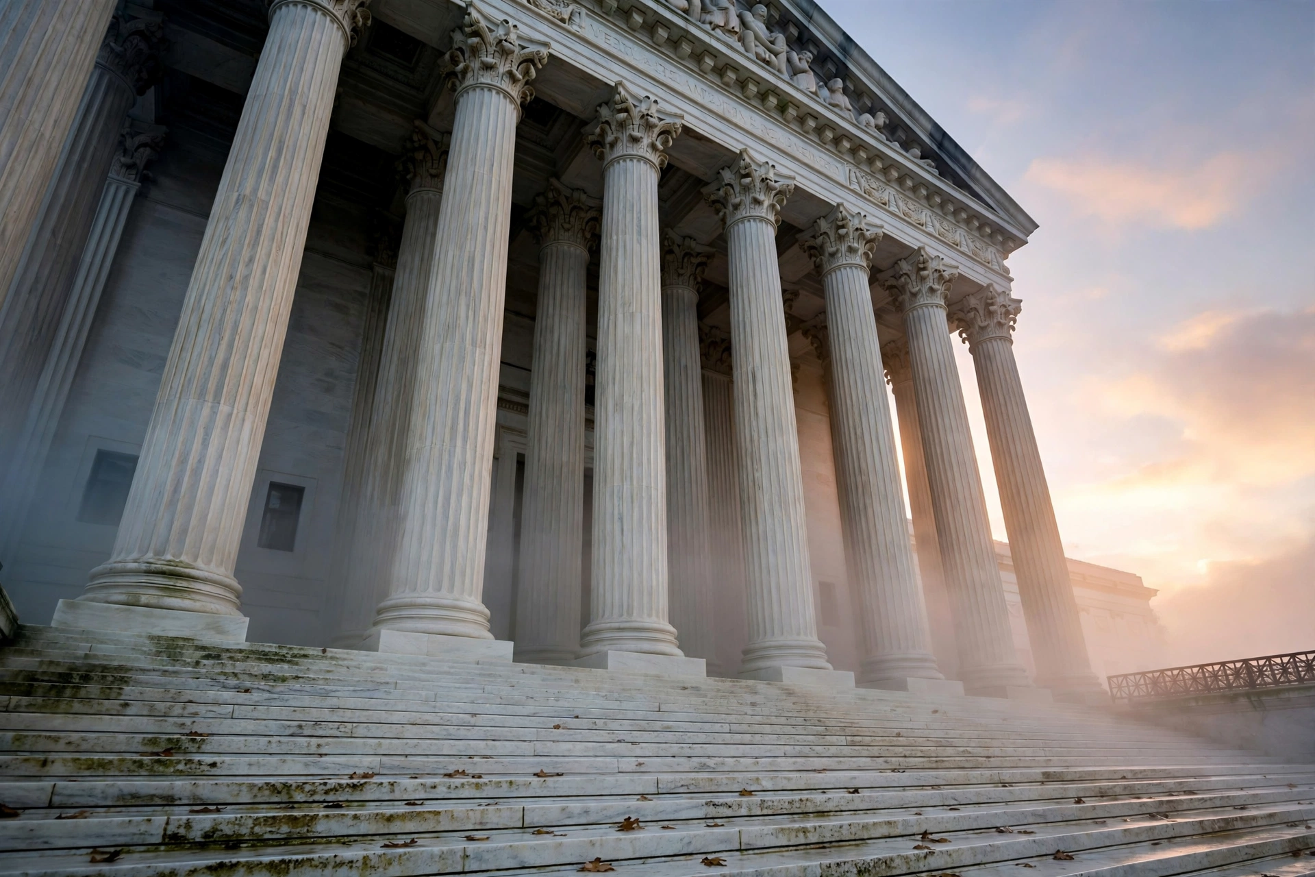US Supreme Court marble columns at dawn for Supreme Court immigration detention Trump case