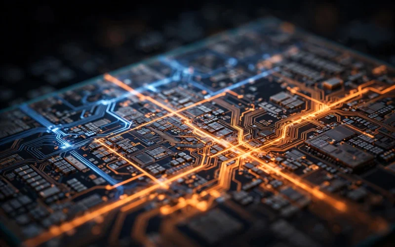 Macro view of a glowing silicon chip illustrating the Synopsys OpenAI deal for AI chip design