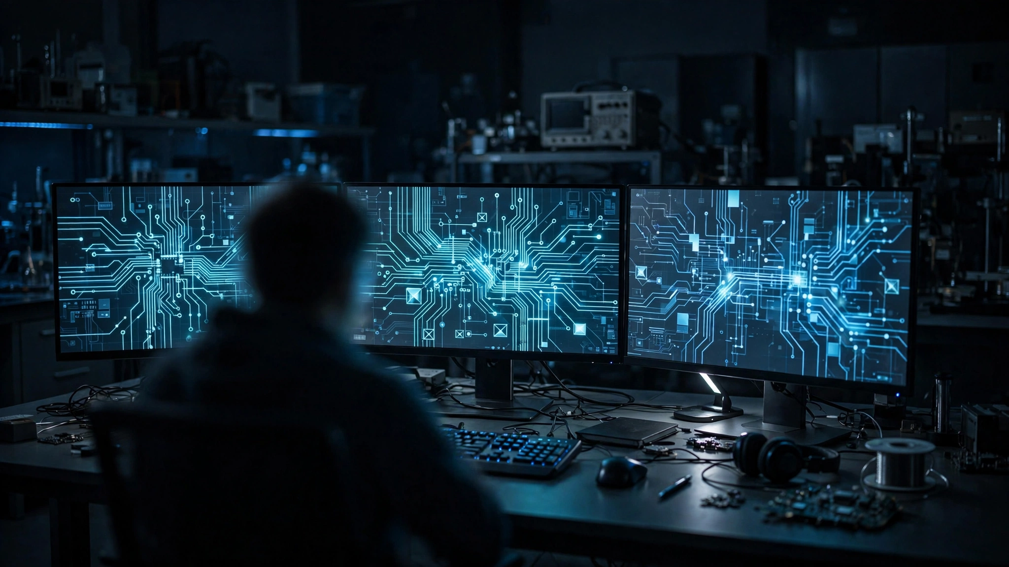 Engineer workstation with glowing circuit schematics supporting the Synopsys OpenAI deal story