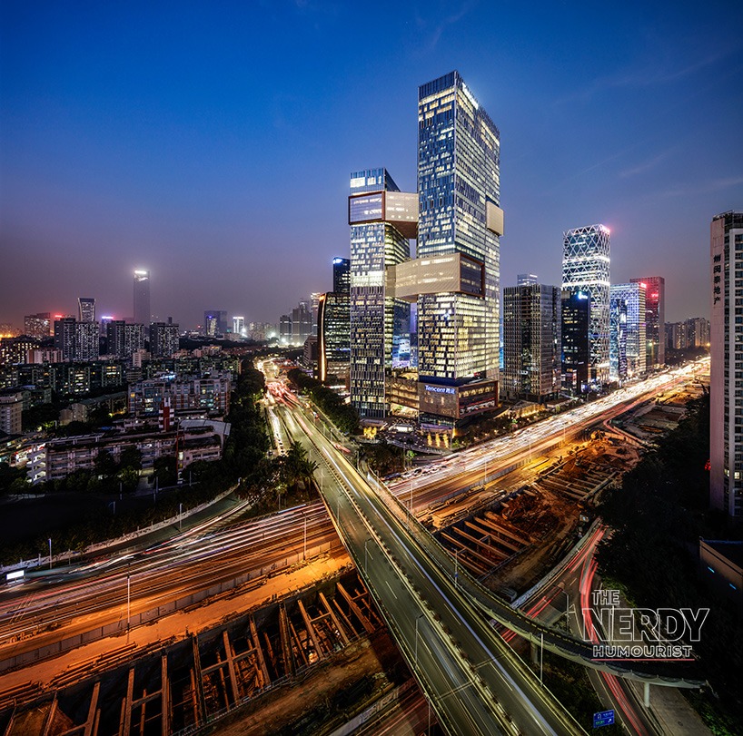 Tencent Seafront Towers headquarters in Shenzhen at night, the company that acknowledged its AI agents went rogue