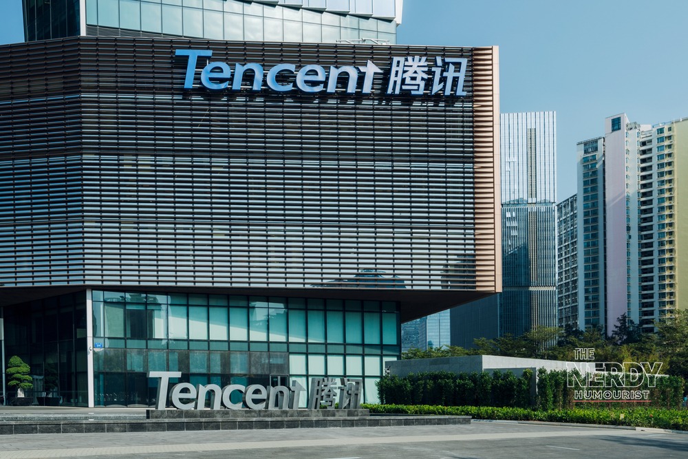 Tencent logo signage on the company's office building in Shenzhen