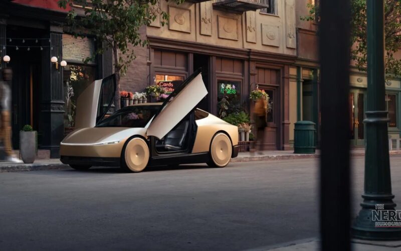 Tesla Cybercab robotaxi, the steering-wheel-free two-seater debuting at the 2026 Paris Motor Show