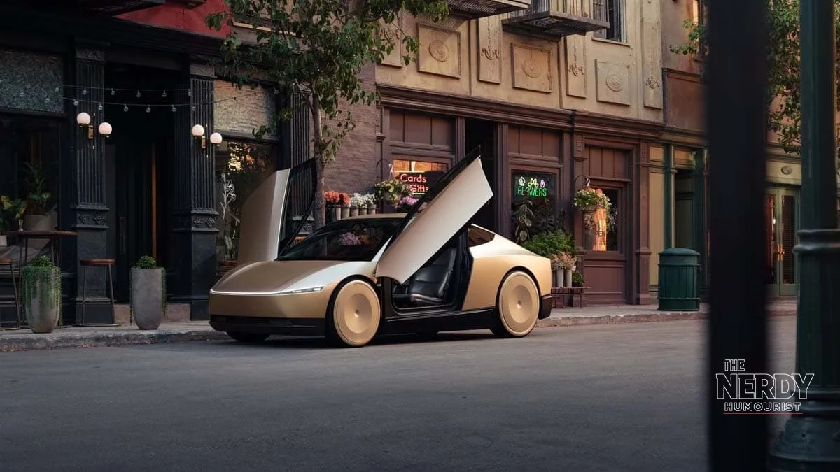 Tesla Cybercab autonomous robotaxi with open butterfly doors on a city street