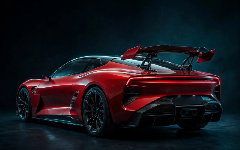 Futuristic red electric sports car rear view with deployable active rear wing in dark studio illustrating the Tesla Roadster reveal