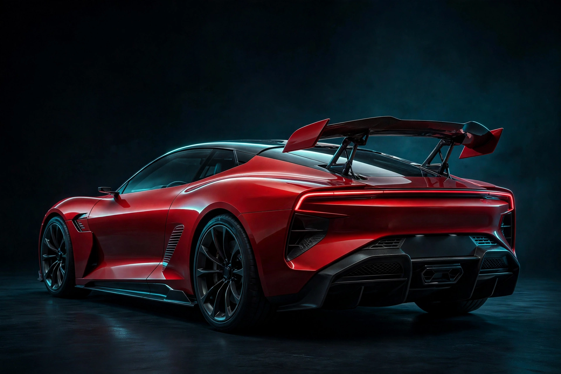 Futuristic red electric sports car rear view with deployable active rear wing in dark studio illustrating the Tesla Roadster reveal