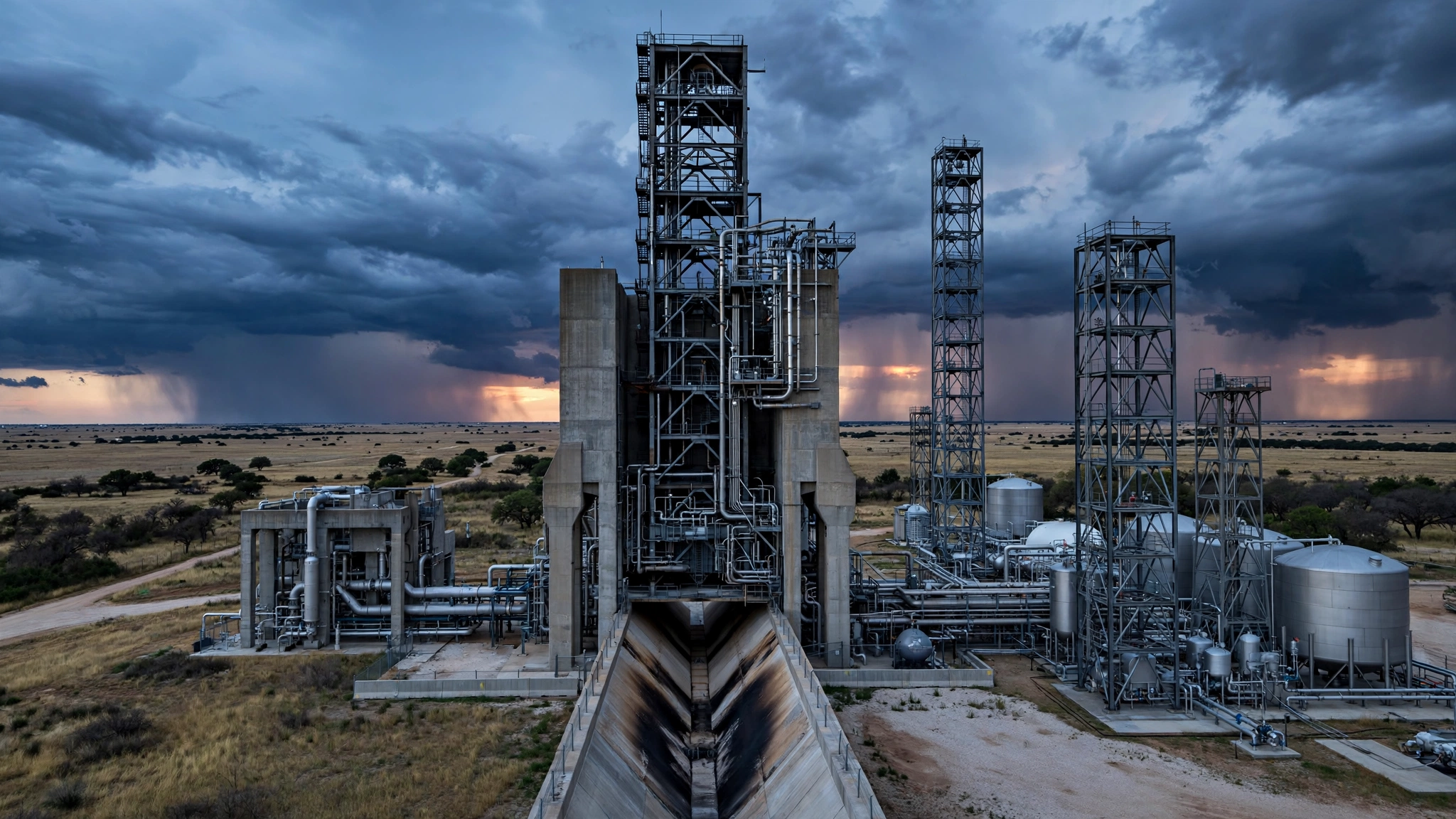 Rocket engine test facility in Texas at dusk with storm clouds gathering ahead of the Tesla Roadster reveal event