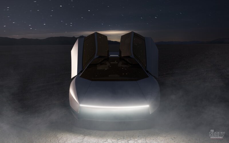 The new Tesla Roadster with its doors open under a night sky, photographed by Tesla after the Tesla Roadster unveil at McGregor, Texas