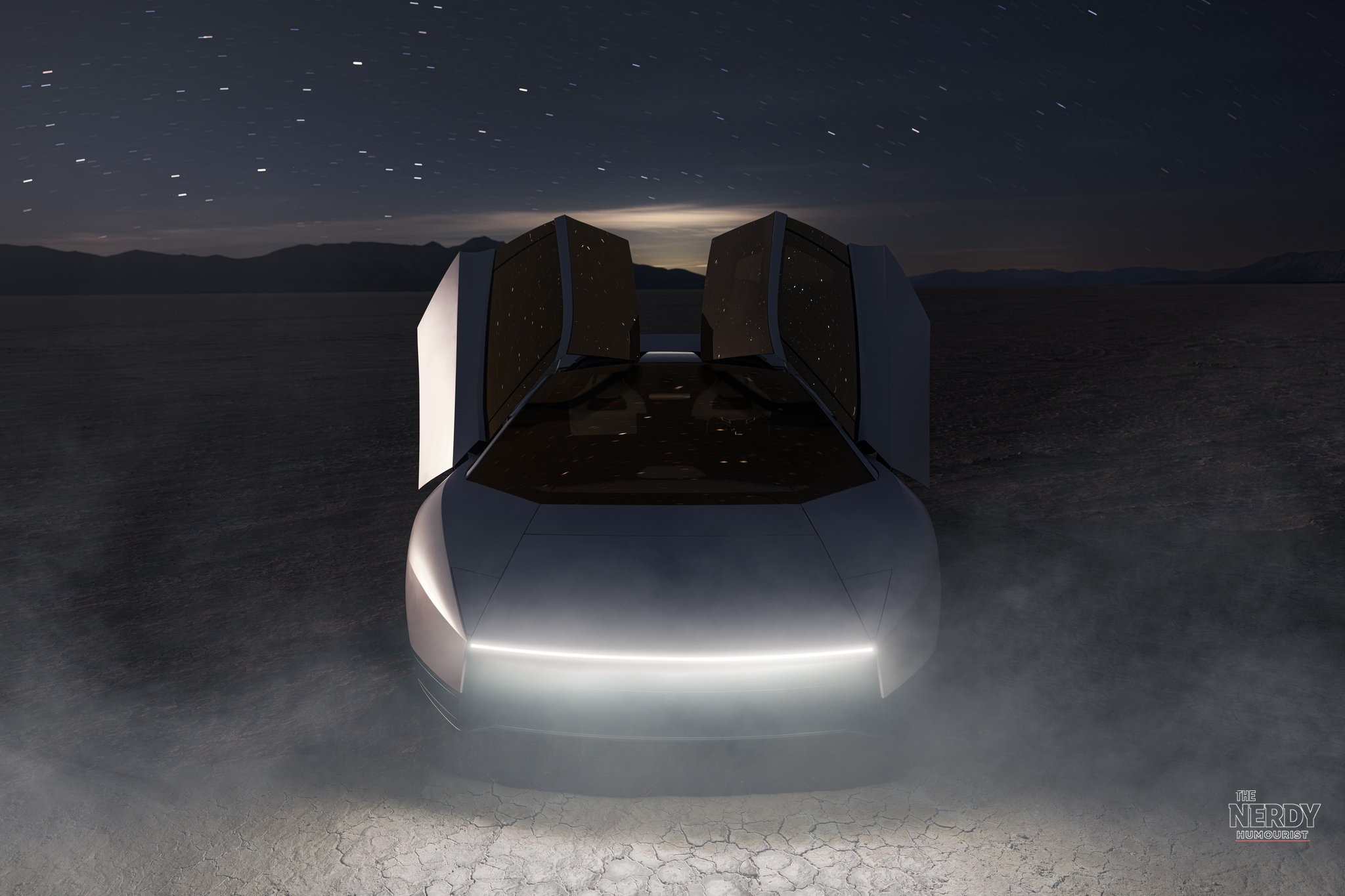 The new Tesla Roadster with its doors open under a night sky, photographed by Tesla after the Tesla Roadster unveil at McGregor, Texas