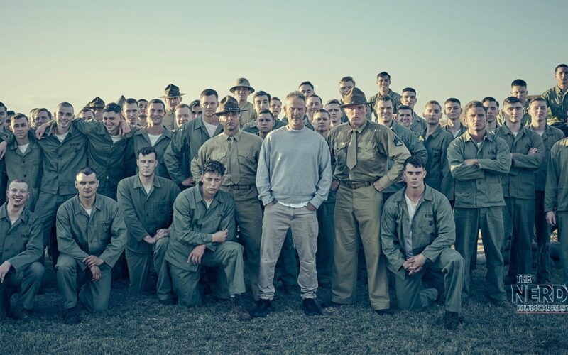 Peter Berg with the cast of The Mosquito Bowl, Netflix's WWII football drama