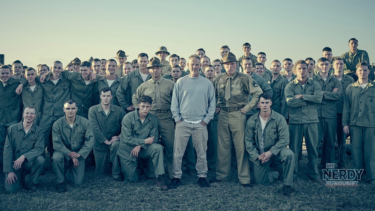 Peter Berg with the cast of The Mosquito Bowl, Netflix's WWII football drama