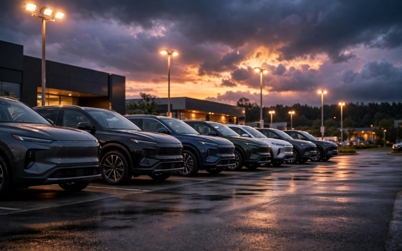 Toyota SUVs in a dealership lot at dusk after record Toyota US sales September 2026