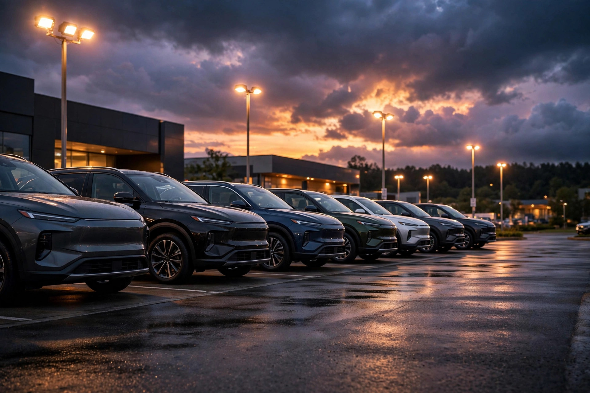 Toyota SUVs in a dealership lot at dusk after record Toyota US sales September 2026