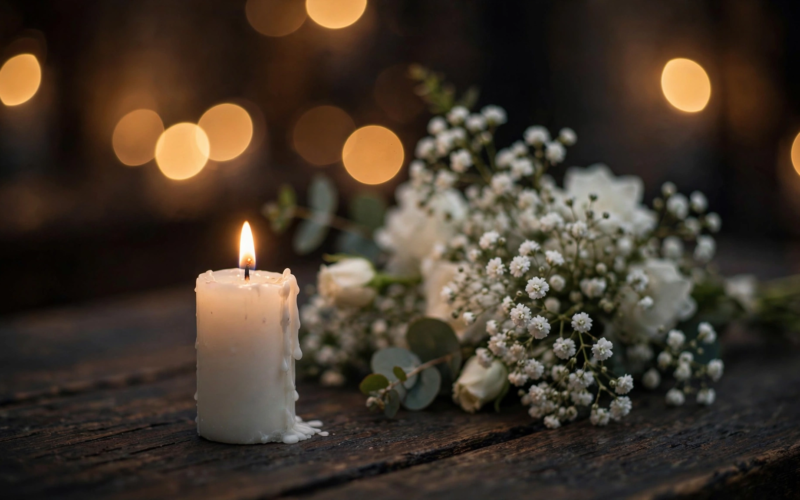 Single lit candle beside white flowers in memory of Von Scales dead at 58