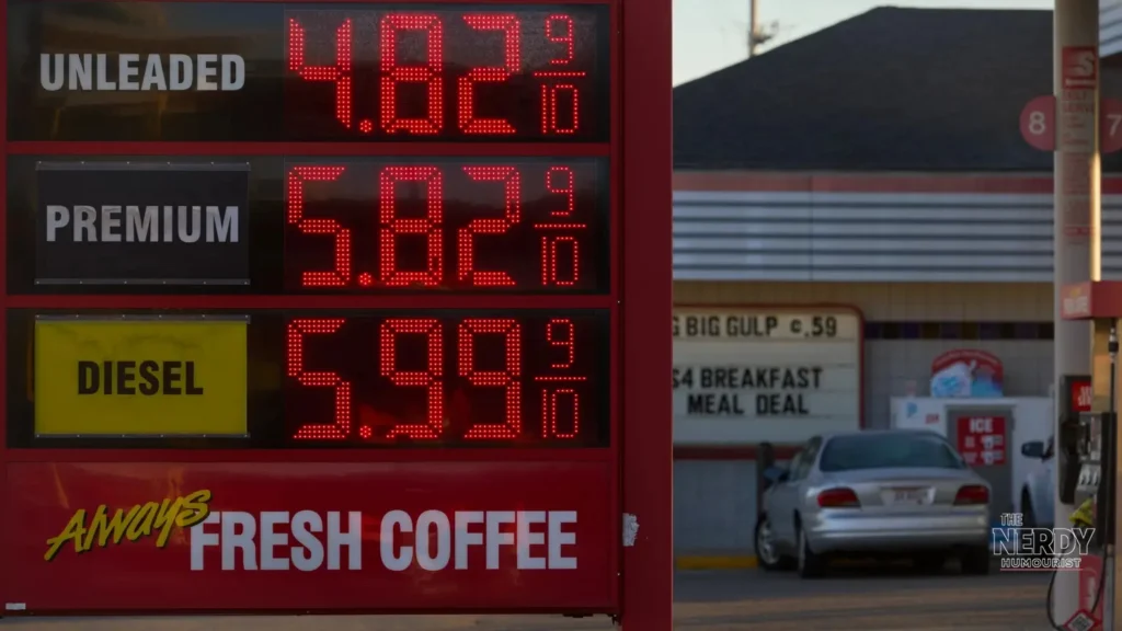 A gas station, as high gas prices drive the Trump approval rating to a record low