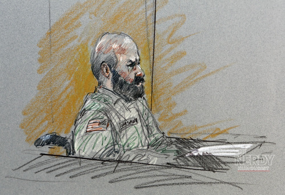 Courtroom sketch of Nidal Hasan during his 2013 court-martial ahead of the Nidal Hasan firing squad execution decision