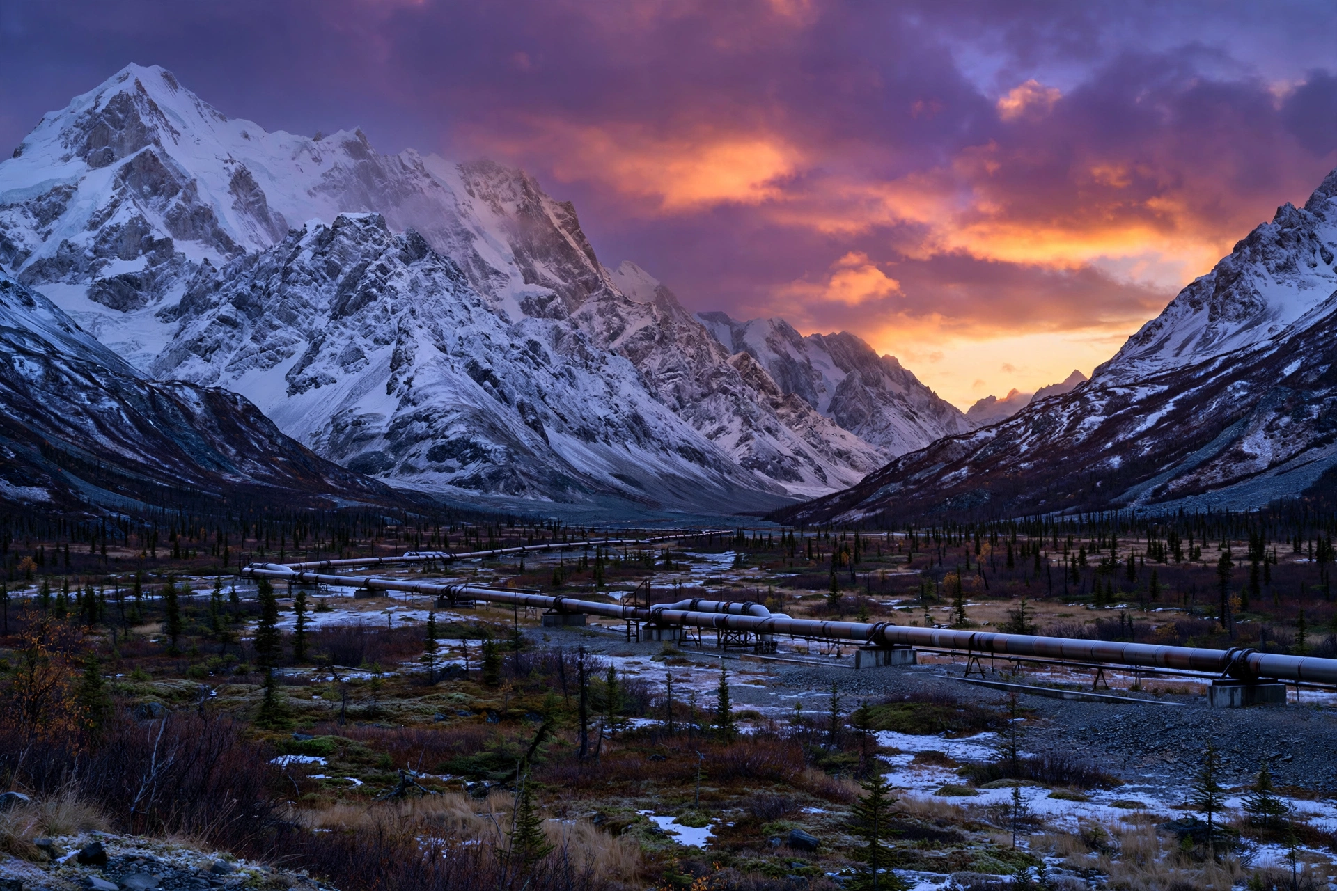 Alaskan mountain valley with gas pipeline at dusk illustrating South Korea US investment Alaska LNG deal