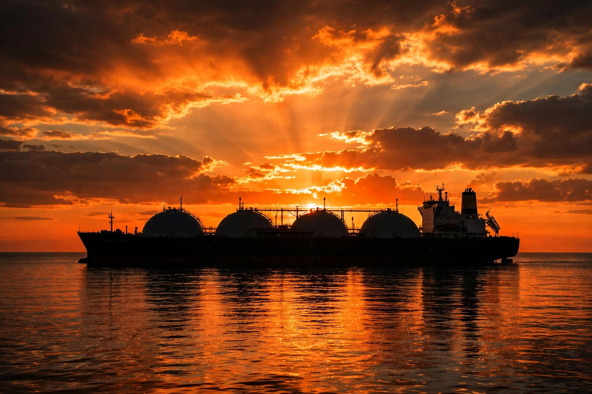 LNG carrier ship silhouette at sunset for South Korea US investment Alaska LNG exports