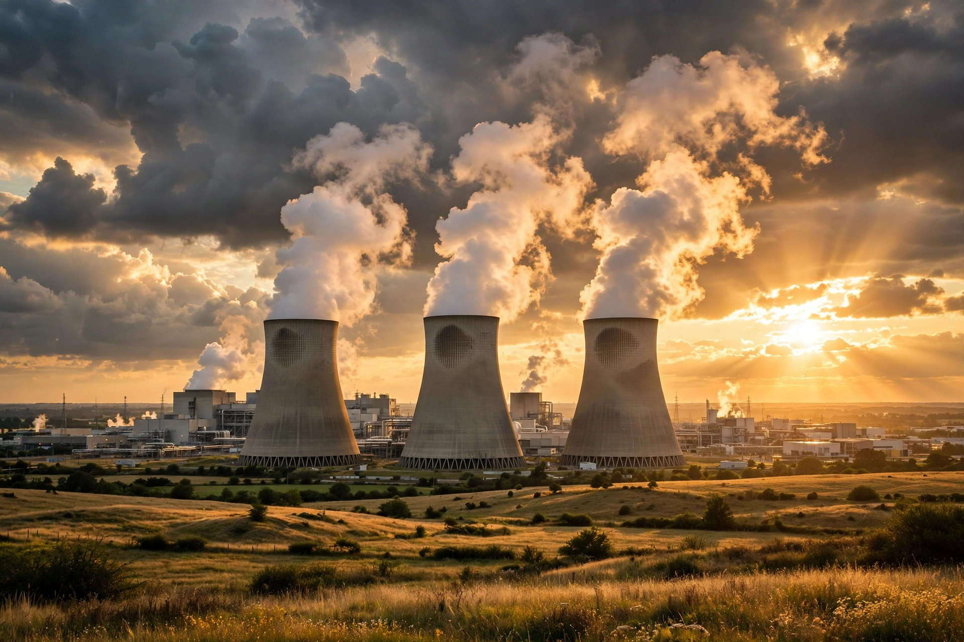 Nuclear power plant cooling towers at golden hour tied to South Korea US investment Alaska LNG package