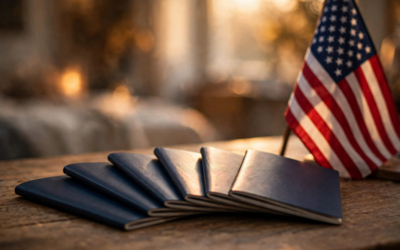 Fanned US passports beside an American flag illustrating US visa revocations Trump policy