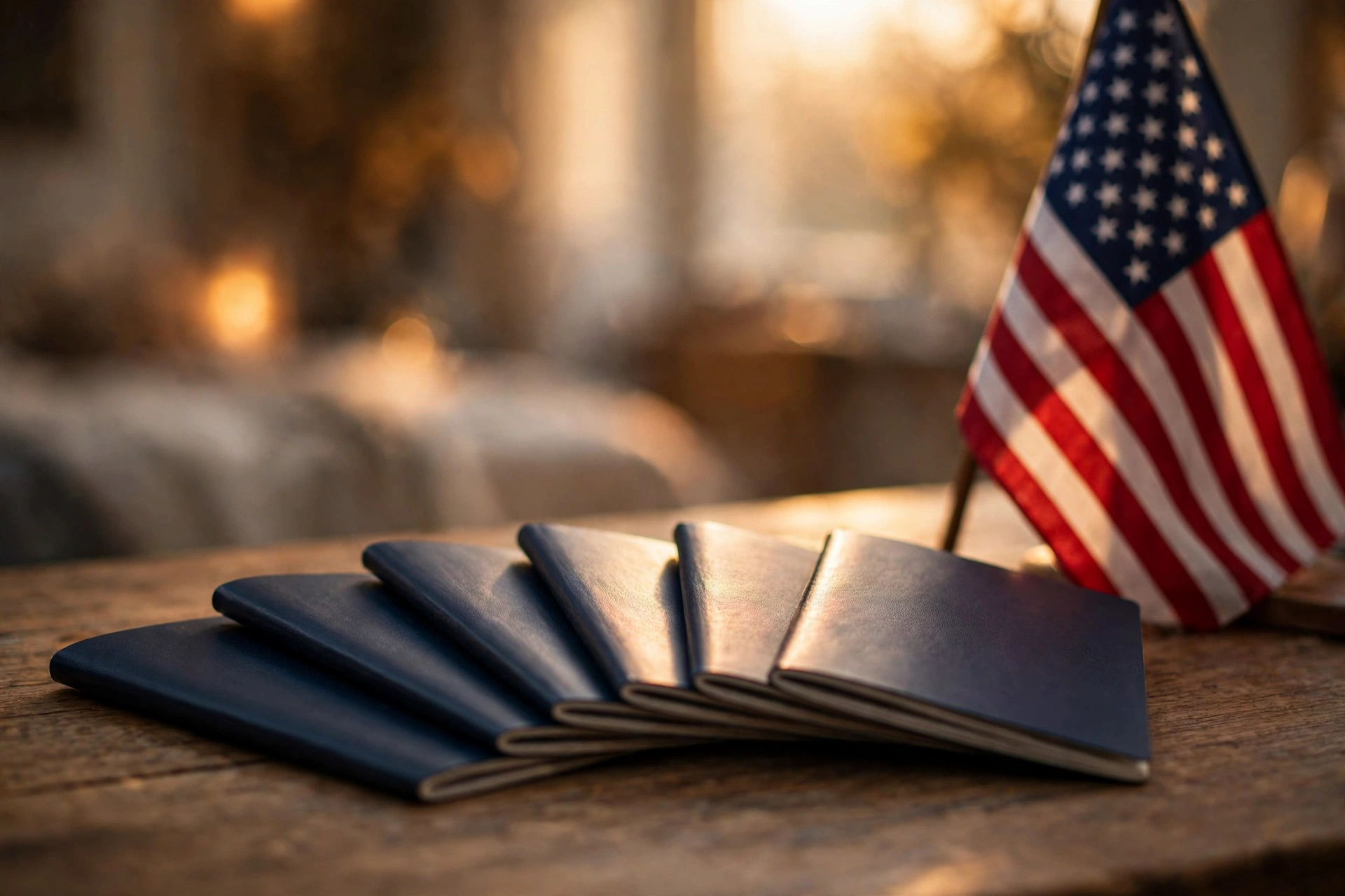 Fanned US passports beside an American flag illustrating US visa revocations Trump policy