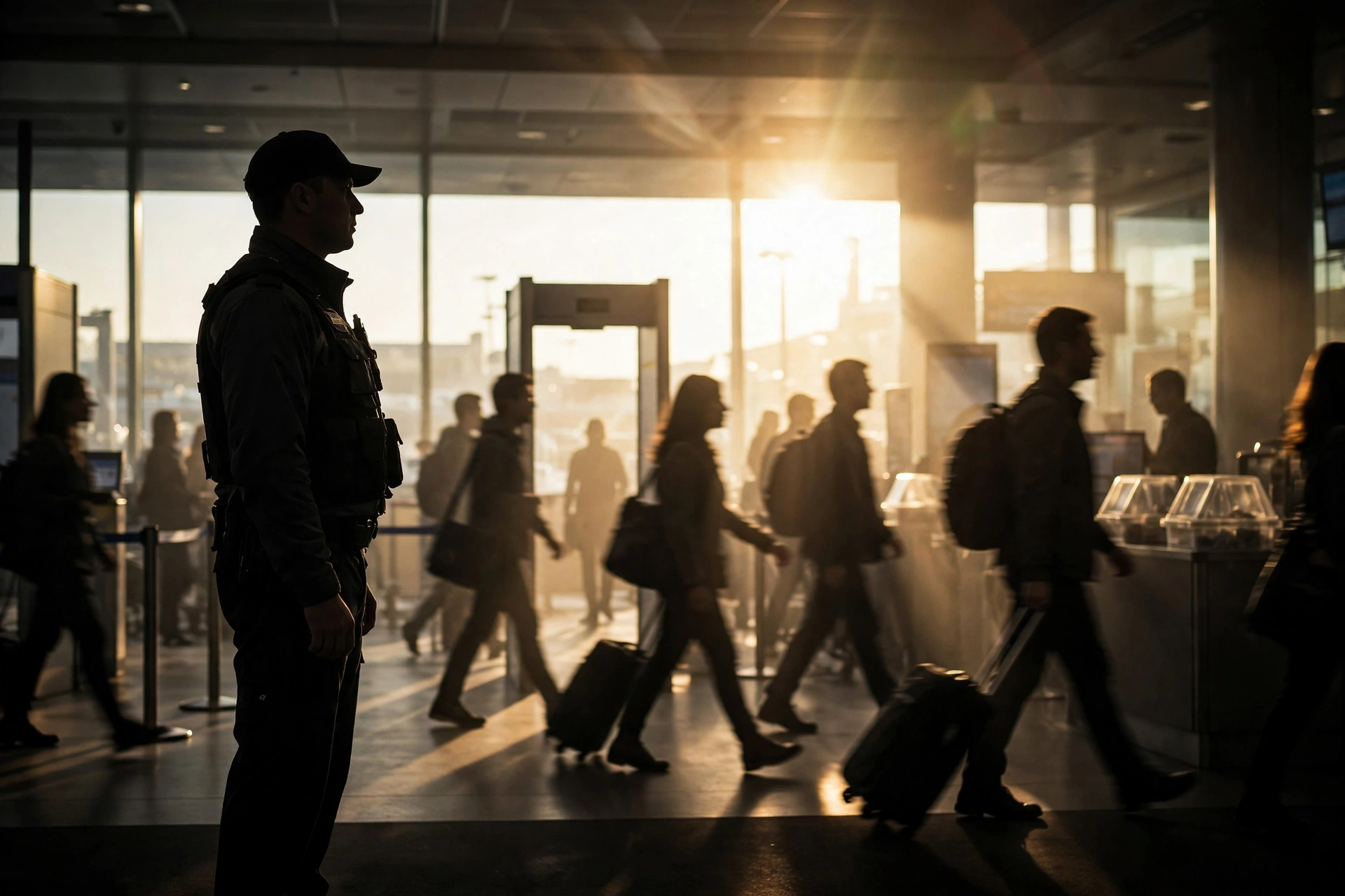 Backlit travelers at an airport security checkpoint amid US visa revocations Trump crackdown