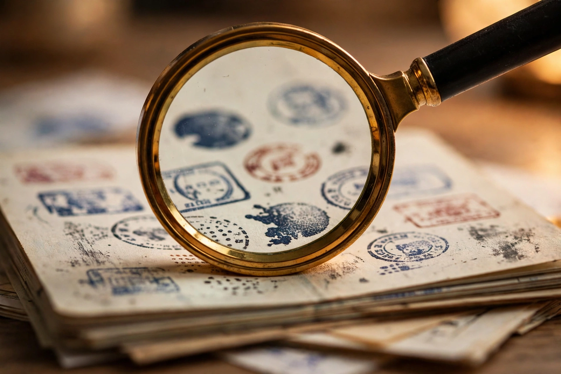 Magnifying glass over a visa stamp page symbolizing continuous vetting of US visa revocations Trump