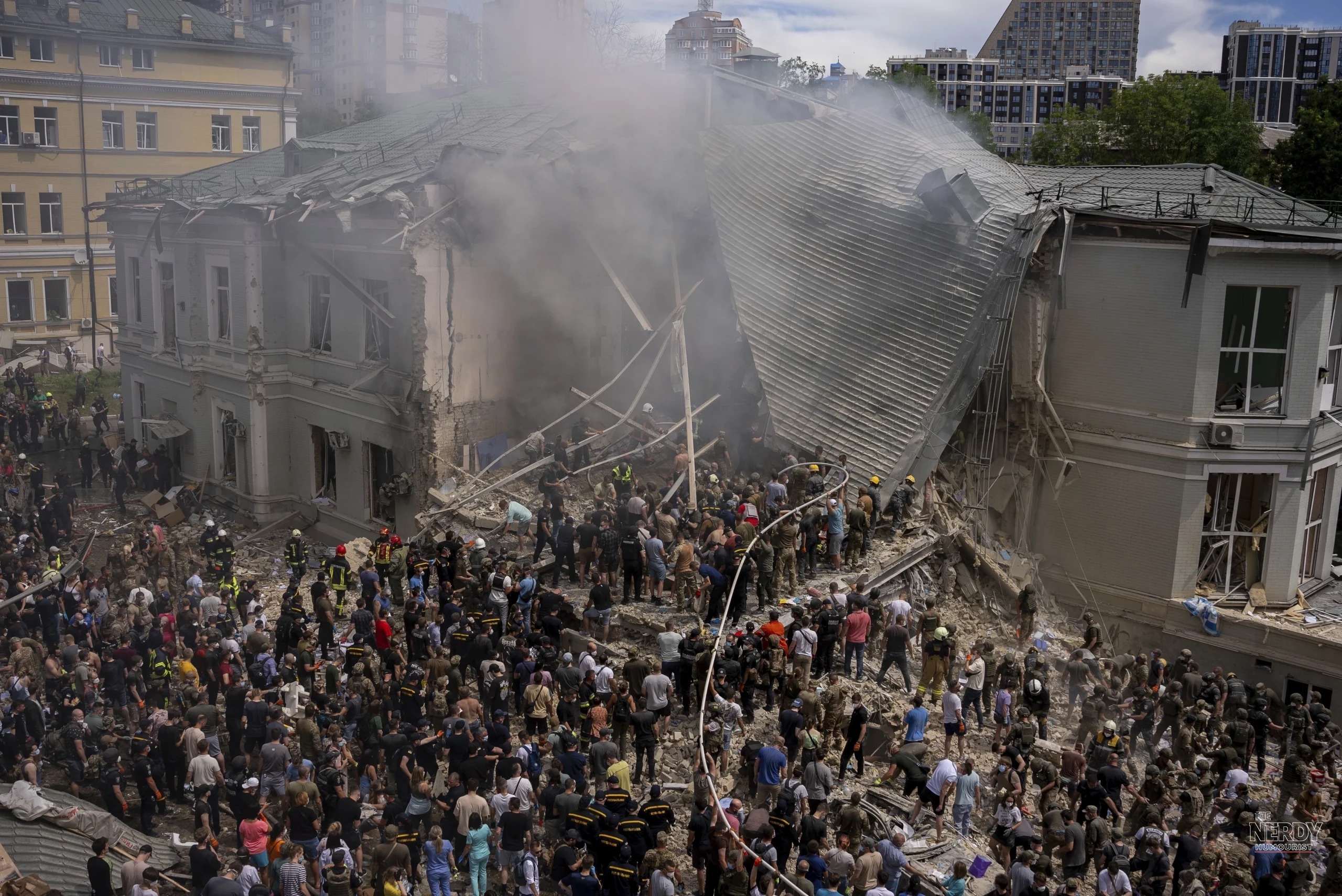 Damaged buildings in Kyiv after a Russian missile strike, in a file photo from earlier in the war, as Ukraine accuses the US of helping Russia by failing to warn of the latest strikes