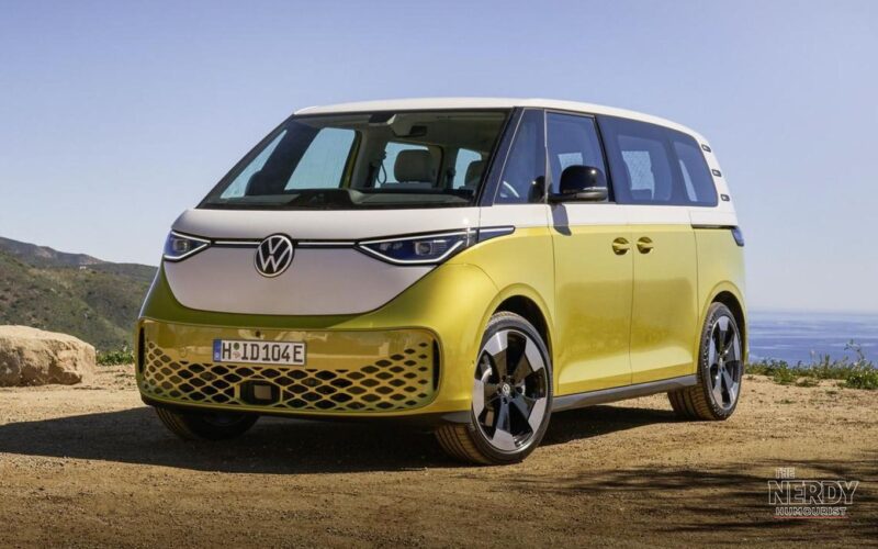 Volkswagen ID. Buzz electric van parked by the coast in two-tone yellow and white