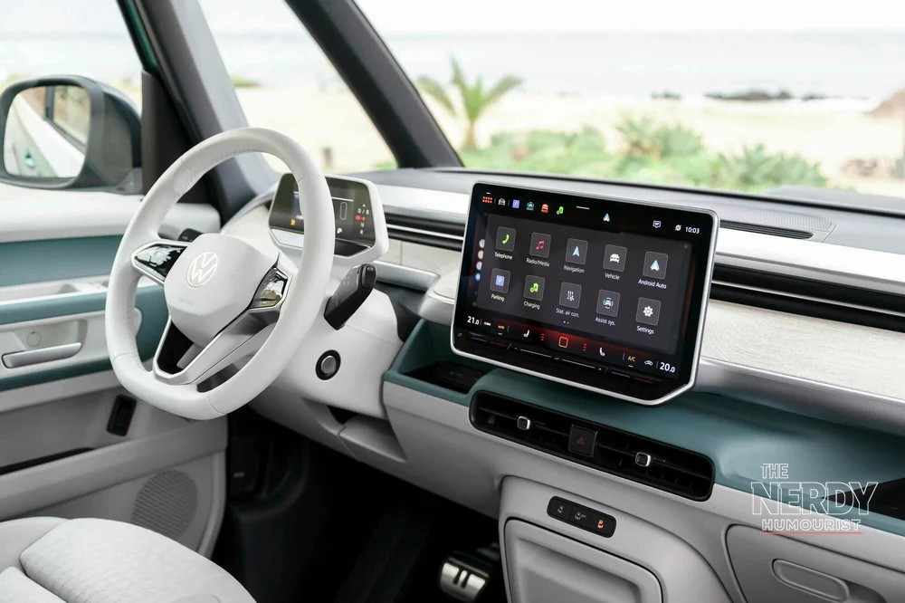 Volkswagen ID. Buzz interior with infotainment screen and light-colored cabin