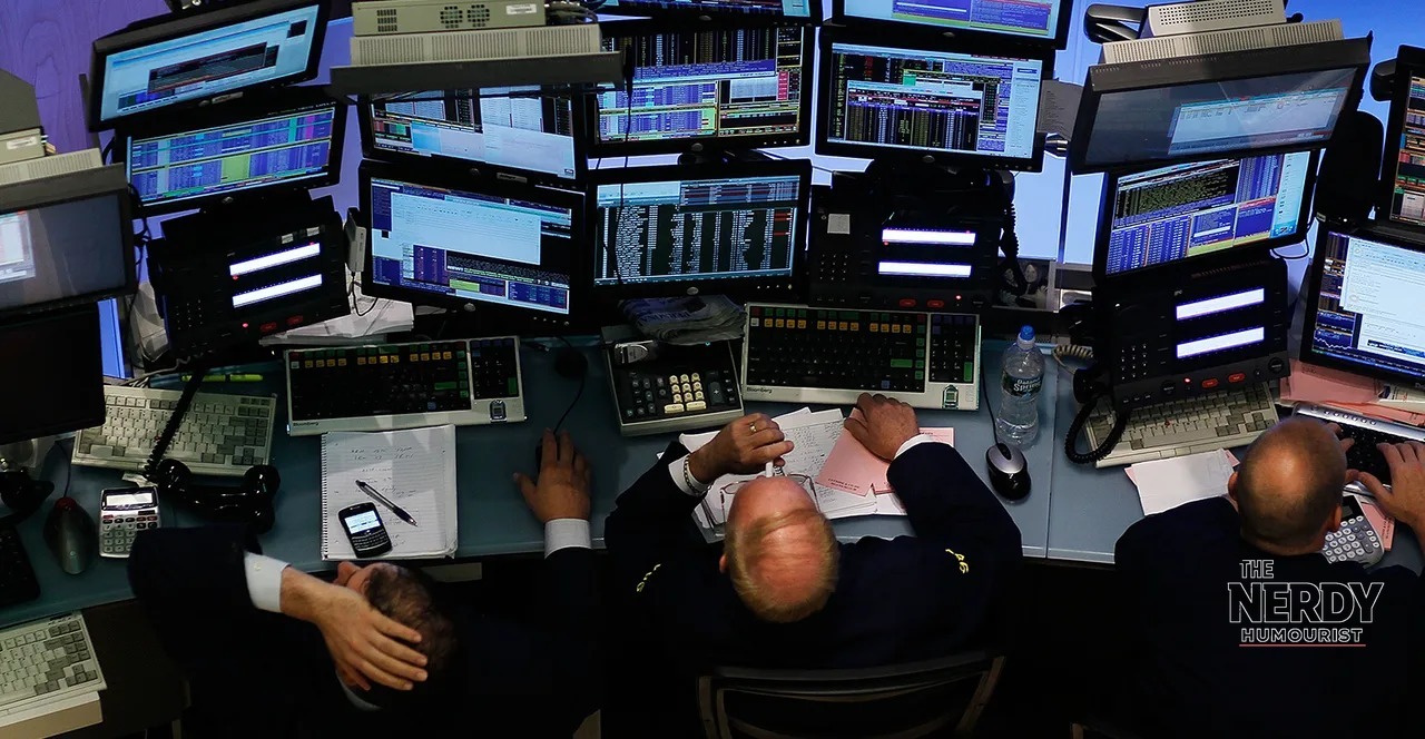 Traders at a crowded desk during the Wall Street rebound