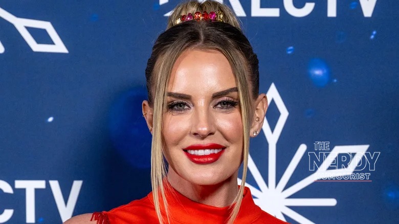 Whitney Rose in a red dress at a television event — the RHOSLC star filed for divorce from Justin Rose