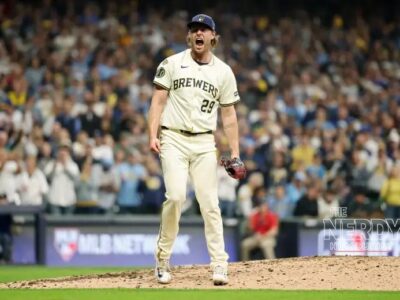 Milwaukee Brewers pitcher celebrates during the 2026 postseason ahead of the World Series 2026 schedule opener