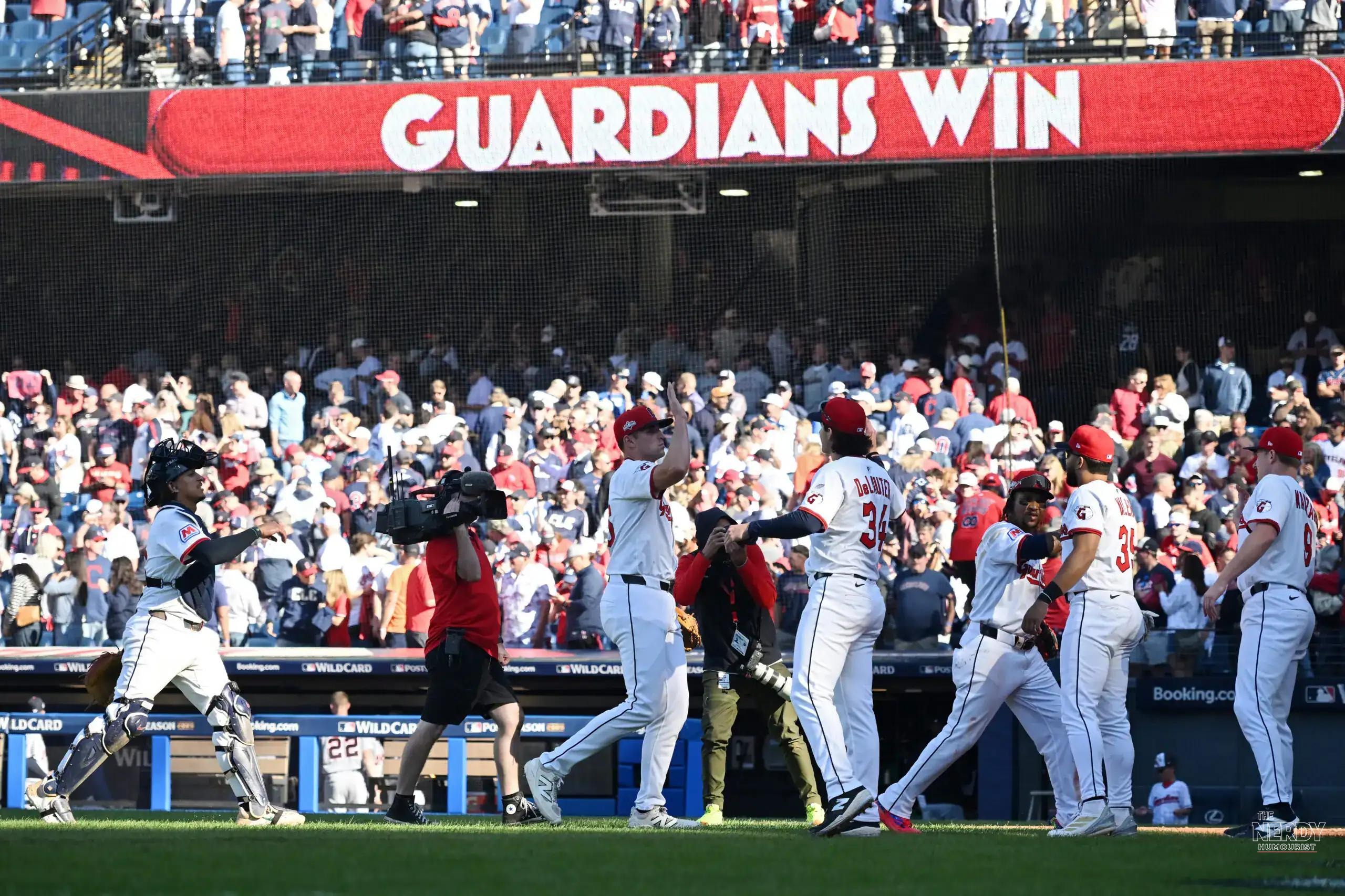 Cleveland Guardians players celebrate a win at Progressive Field during the 2026 MLB season (file photo)