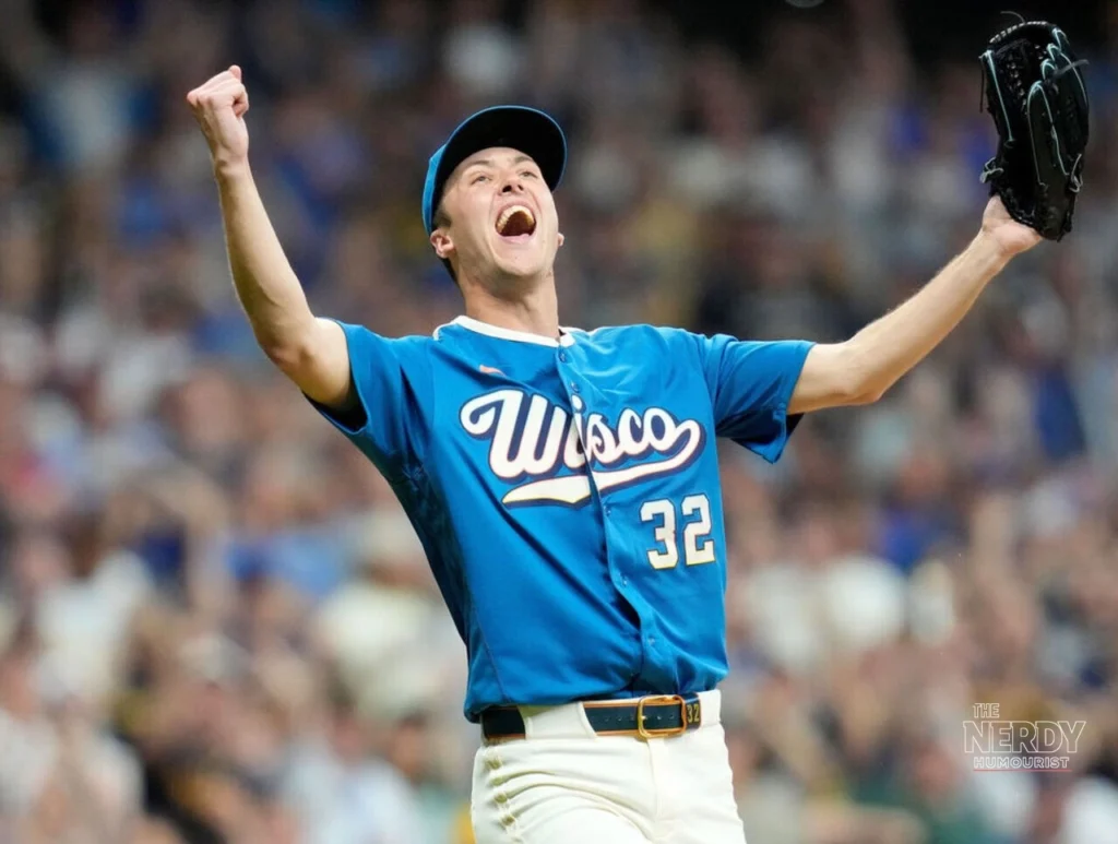 Jacob Misiorowski celebrates during a Milwaukee Brewers start ahead of World Series 2026 Game 1