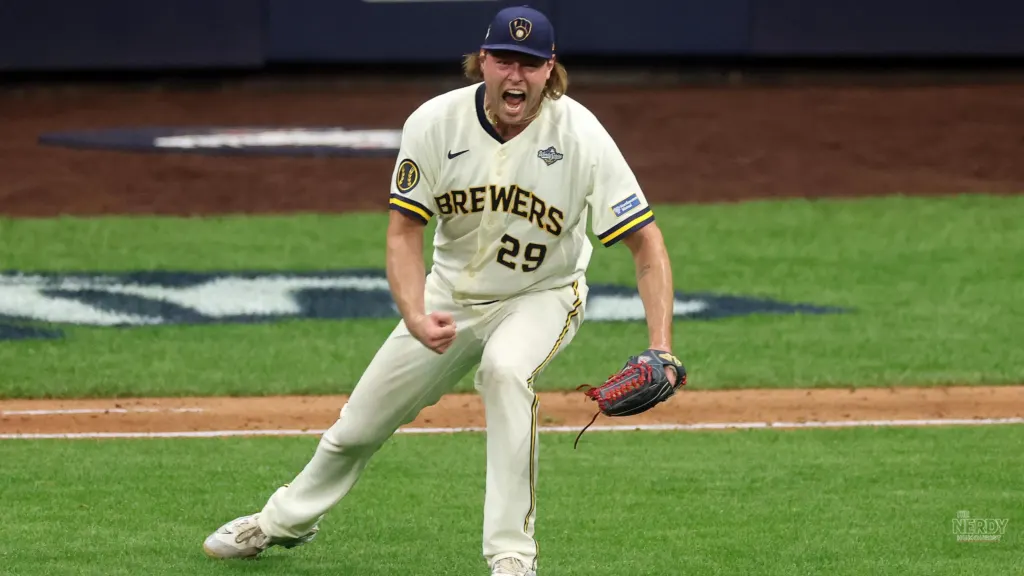 Brewers ace Jacob Misiorowski delivers a pitch in World Series Game 1 against the Rays
